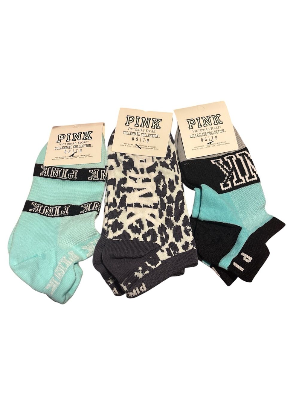 PINK Ankle Sock 3-Pack in Aqua, Black & Gray’s.